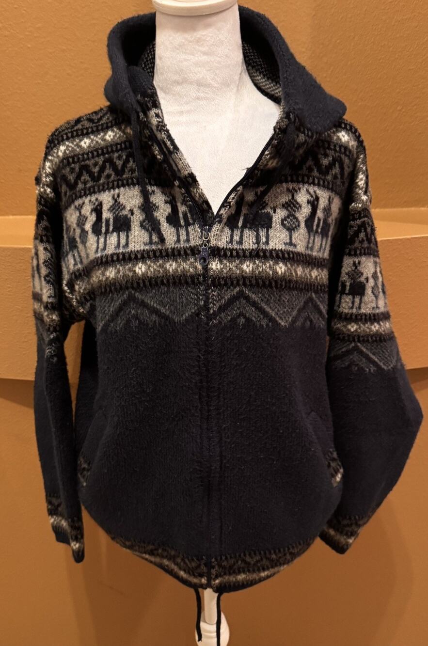 Artesanias Tuntaquimba Wool Zip Hoodie Sweater Llama Pattern Made in Ecuador M